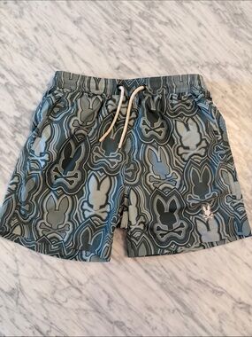 Psycho Bunny Teal & Gray Patterned Boys Swim Trunks